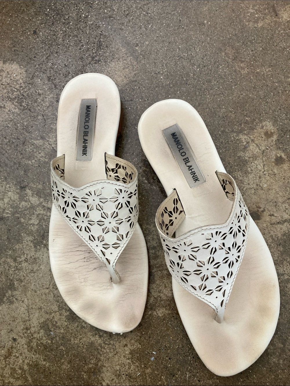 Manolo Blahnik Cream Laser-Cut Leather Thong Sandals